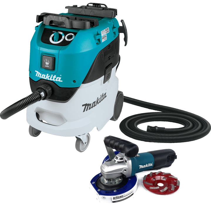 Makita 9565PC 5" (125mm) 1400W Single Speed Angle Grinder with Paddle Switch, 5" (125mm) Artizan Dust Demon Shroud, 5" (125mm) Premium Grinding Cup, D handle & Makita VC4210MX2 Vacuum Cleaner Package - Artizan Diamond