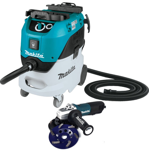 Makita 9565PC 5" (125mm) 1400W Single Speed Angle Grinder with Paddle Switch, Makita 5" (125mm) Shroud, 5" (125mm) Grinding Cup & Makita VC4210MX2 Vacuum Cleaner Package - Artizan Diamond